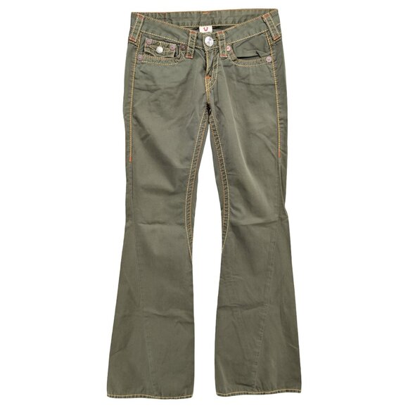 Vtg True Religion Joey Big T Jeans Womens Green Flare Low Rise Cotton Y2K Sz 27 - Picture 1 of 10